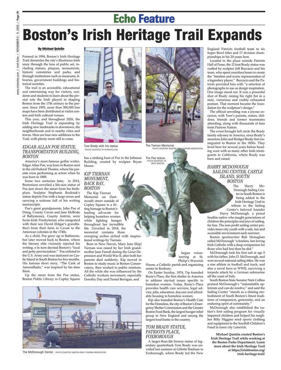 TheBostonIrish's tweet photo. Read this week's @IrishEcho story about #Boston's #irishheritagetrail expanding, w/ new landmarks for Edgar Allan Poe, Harry McDonough, Kip Tiernan and @TomBrady !  More details about the project in the link: https://t.co/OfsjnVhohM  #meetboston https://t.co/HKTKWAglvP