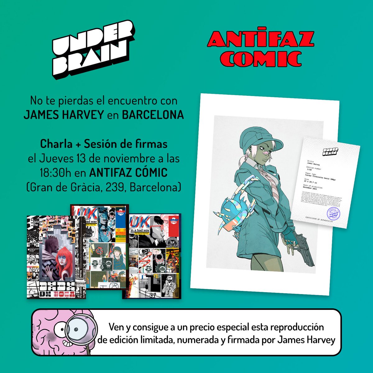 Os invitamos a la charla y posterior sesión de firmas con James Harvey @jamesharveycomics que tendrá lugar en nuestra librería el próximo jueves 13 de noviembre a las 18:30h

Os esperamos!!

#antifazcomic #jamesharvey #underbrain #sesiondefirmas #comic #llegir