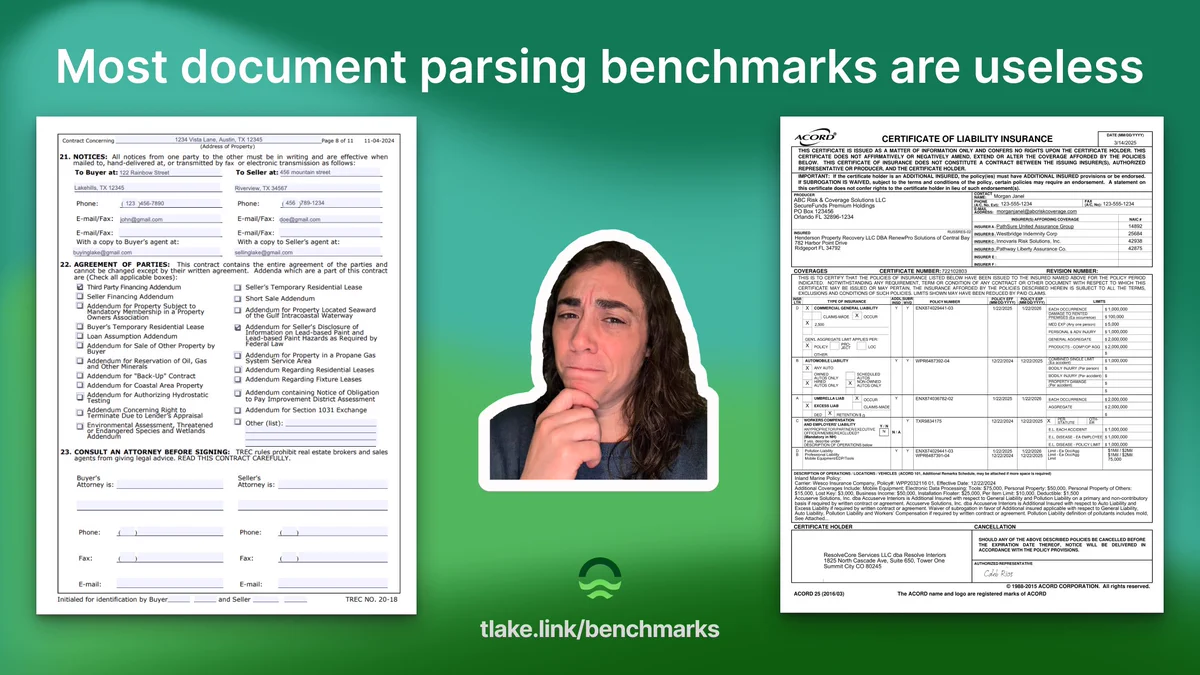 Two dense document pages flank a skeptical person’s sticker-style portrait against a green gradient, link text centered below.