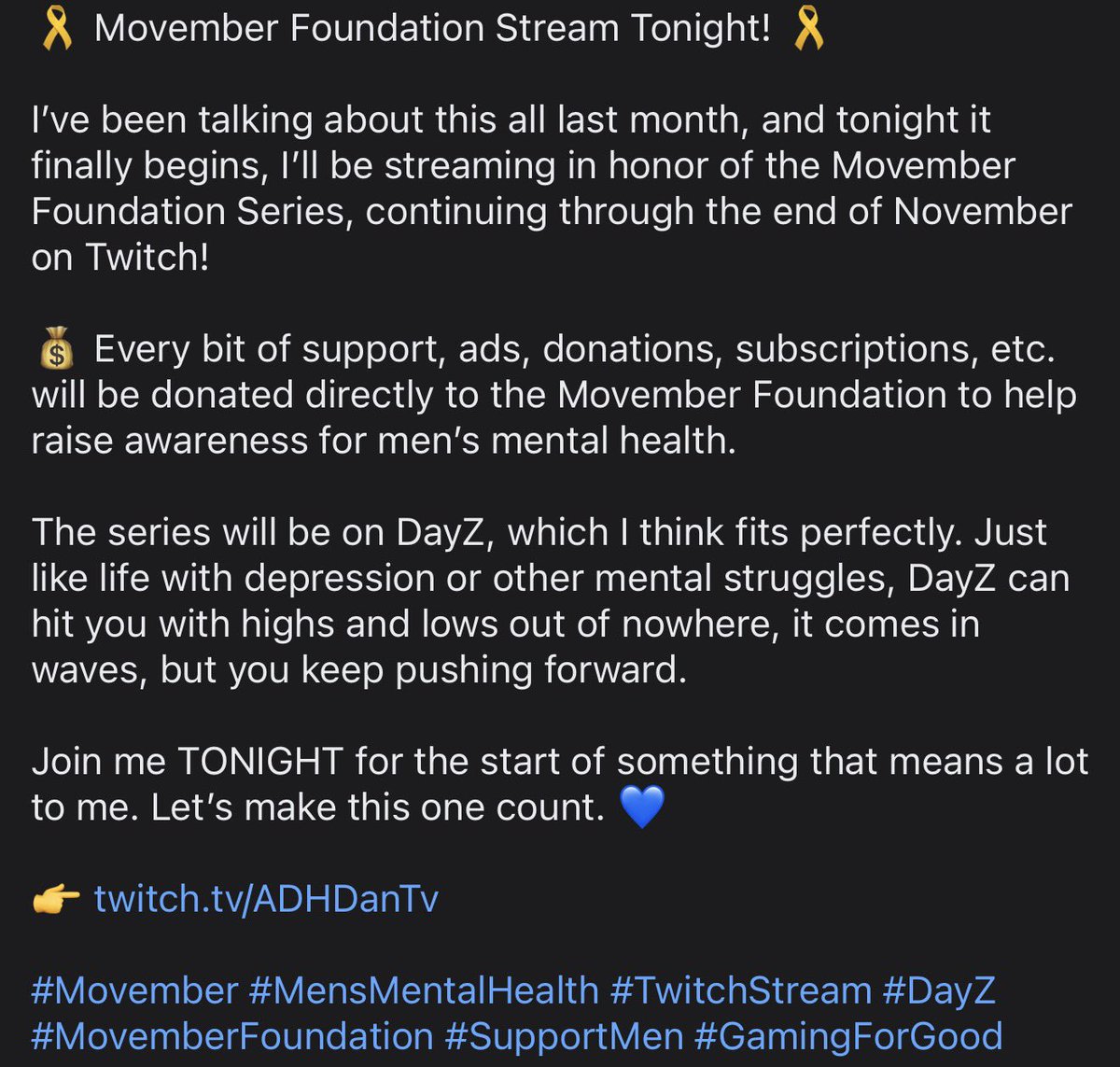 ADHDanTv's tweet photo. 👉 https://t.co/zVus3hmimD

#Movember #MensMentalHealth #TwitchStream #DayZ #MovemberFoundation #SupportMen #GamingForGood https://t.co/STR6n9a0Xv