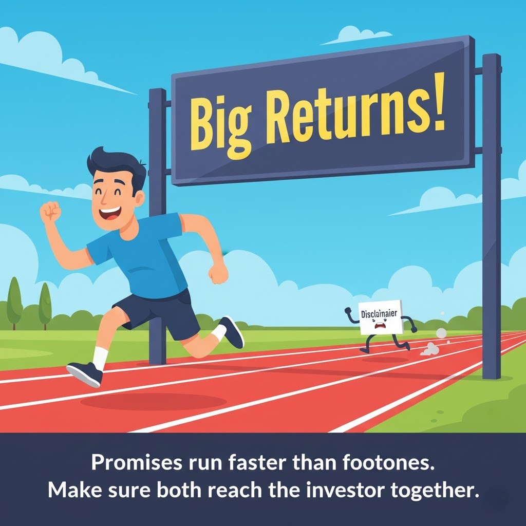 Investors remember the promise, not the footnote.
 That’s why clarity beats creativity in financial communication.
 Does your message stay balanced without the disclaimer?

#Compliance #MutualFunds #InvestorAwareness #FinancialEthics #BFSI