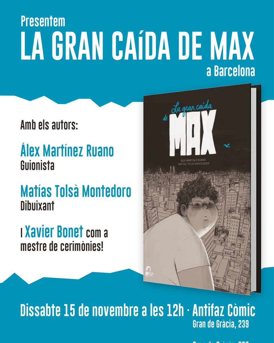AntifazComic's tweet photo. Seguim amb les presentacions,dissabte 15 de novembre a les 12:00, presentació de La gran caída de Max,amb els seus autors @alexmartinezruano i @matiastolsa
No hi falteu!!
#antifazcomic #lagrancaídademax #alexmartinezruano #matiastolsamontedoro #comiccatala https://t.co/IB9sKrJppq