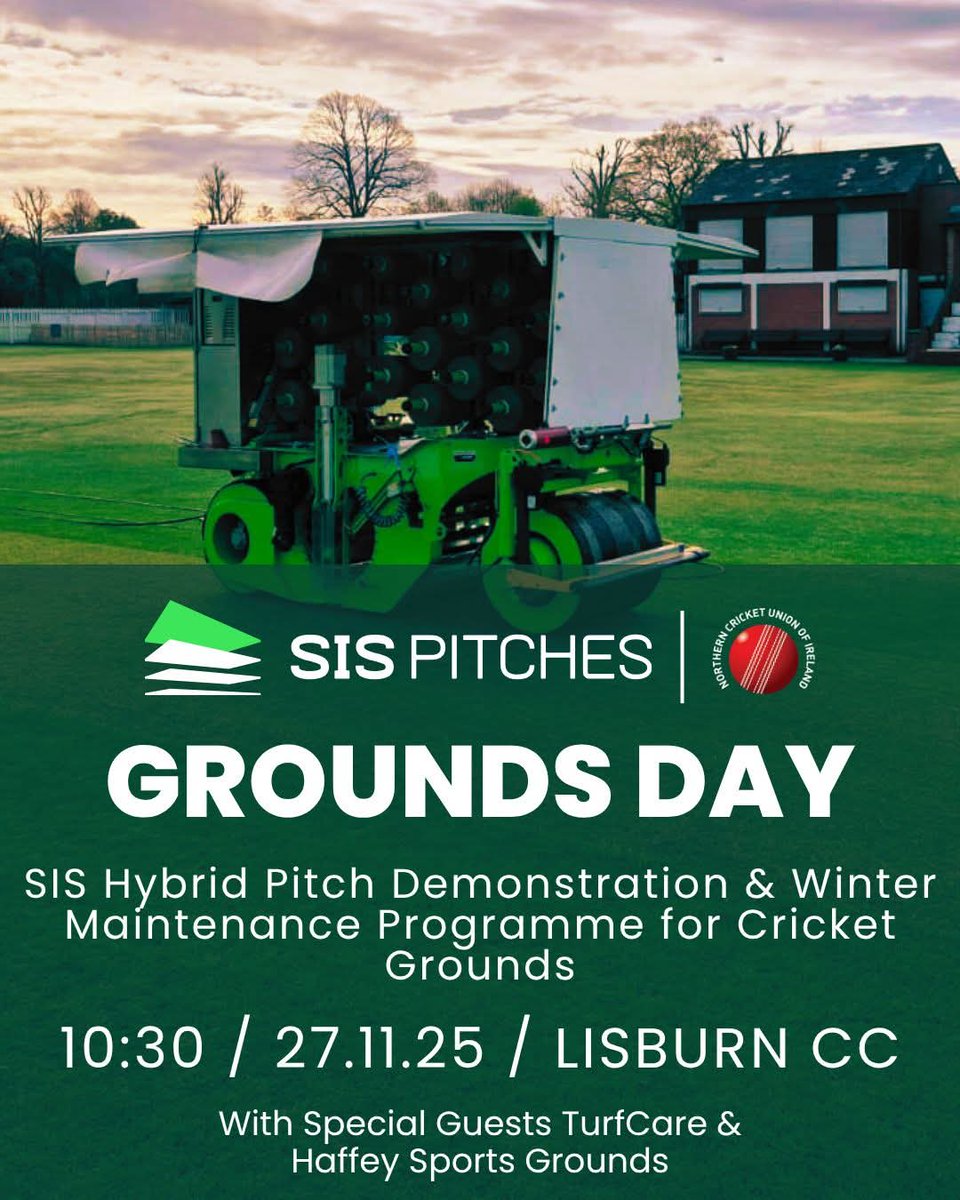 FREE SIS Hybrid Pitch Demo Day &amp; Winter Maintenance Programme

📍 Lisburn CC, Wallace Park | 📅 27 Nov 2025

With SIS Pitches, NCU Grounds Team, Haffey Sports Grounds &amp; TurfCare

Itinerary
10:00 – Free Bacon bap &amp; coffee
10:30 – Welcome + SIS demo
11:30 – Winter maintenance talks