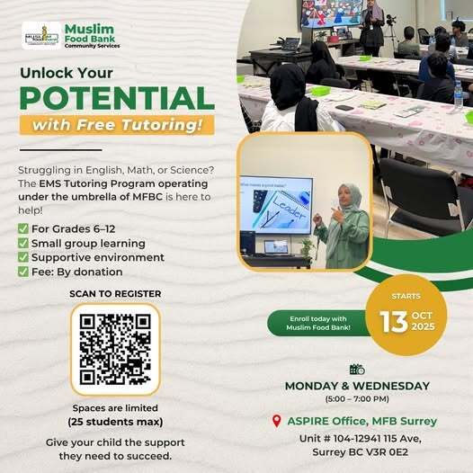 muslimfoodbank's tweet photo. Every student deserves a chance to succeed. 🌟
Muslim Food Bank’s EMS Tutoring Program offers free, small-group tutoring in English, Math, and Science for Grades 6–12.
📲 Register now—scan the QR code or visit:
https://t.co/rmGgjIZnOU

#MuslimFoodBank #AspireProgram #FreeTutoring https://t.co/jUDv7ITeTK