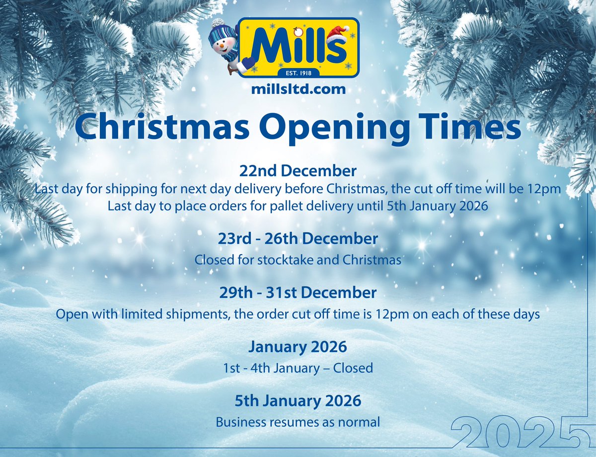 millsltd's tweet image. As the holidays approach us, we want to help you be prepared! Here are our Christmas Opening Times. Make sure you place your orders in time for pre-Christmas delivery.🎁
If you have any questions, our team are here to help:
sales@millsltd.com
020 8833 2626
millsltd.com