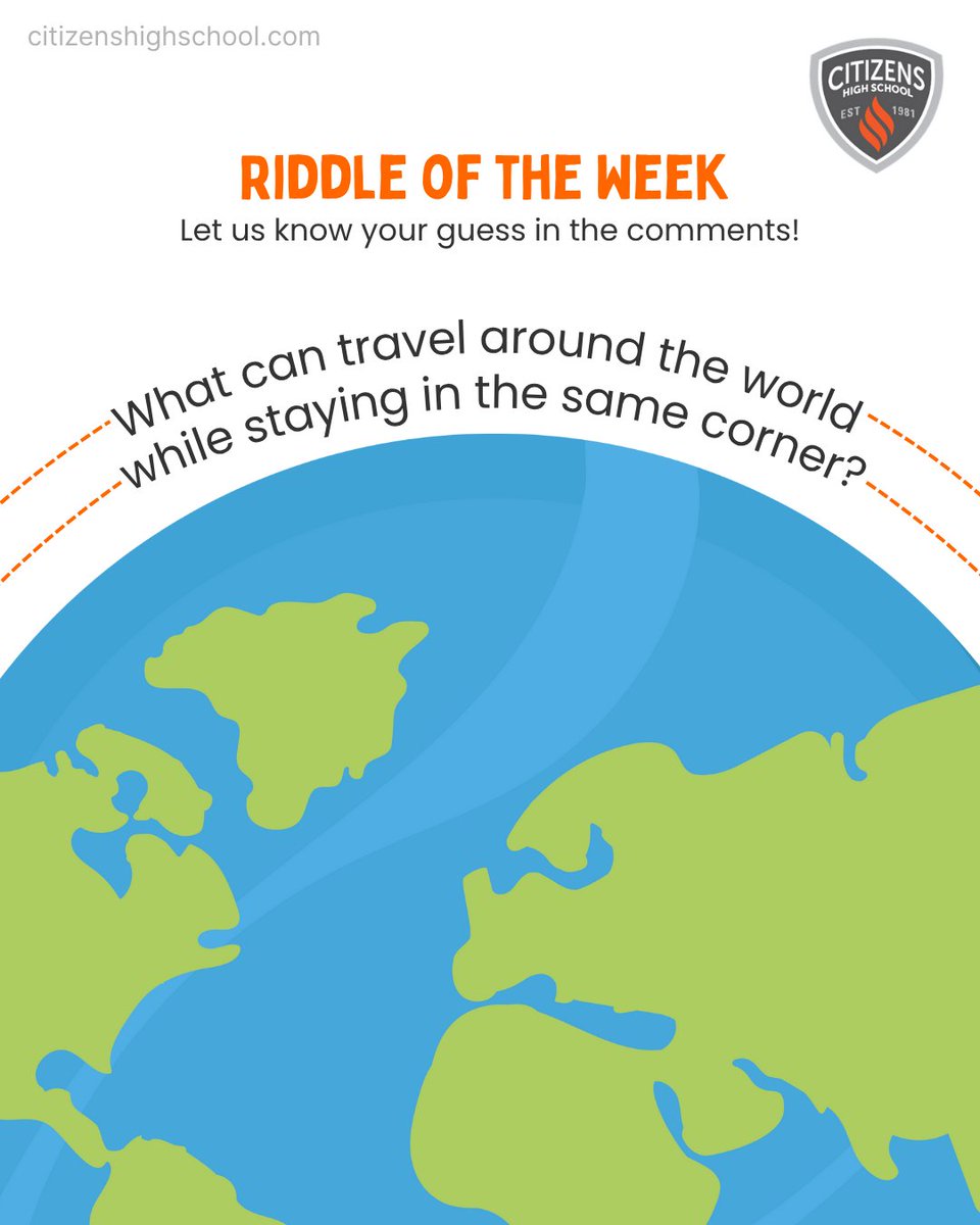 CitizensHS's tweet photo. It's time for a midweek riddle! 

What can travel around the world while staying in the same corner? 

@ us with you guess!

#riddleoftheweek #citizenshighschool #onlinehighschool #chs https://t.co/4G0qkK9ItD