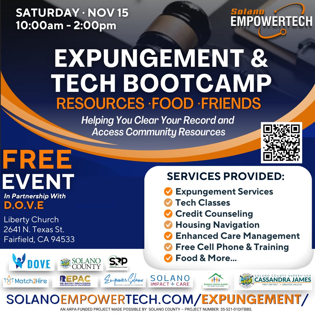 EmpowerSolano's tweet photo. Join us for our 5th Expungement &amp; Tech Bootcamp on Saturday, November 15th, from 10AM–2PM for cases in Solano County!

✅Free California Lifeline phone those who qualify

Location: Liberty Church 2641 N. Texas St., Fairfield, CA, 94533
🔗 Sign up now at: https://t.co/a8zAHHejJe https://t.co/zI3TlloqdR