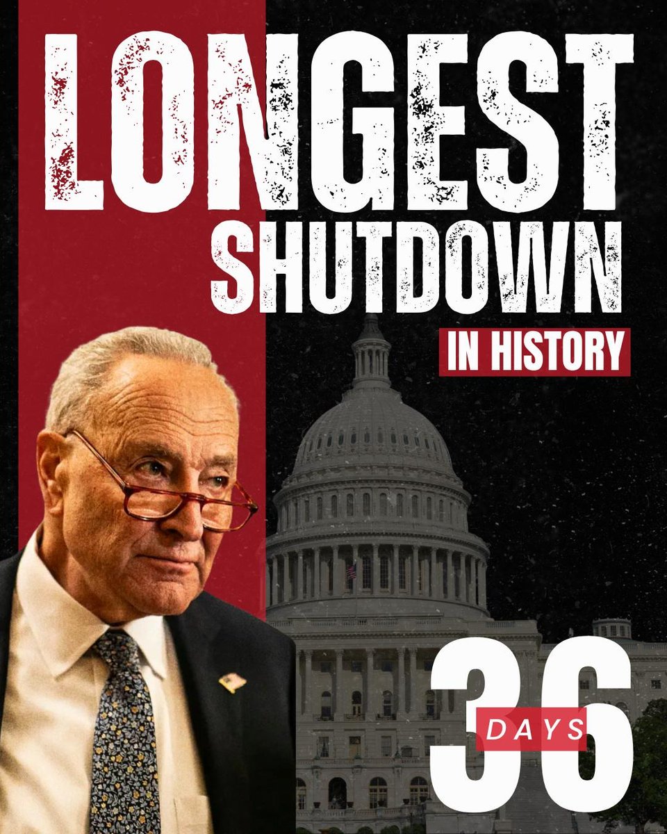 GOP's tweet image. The Democrat shutdown has entered its 36th day, a new record as the longest in U.S. history.

Democrats are still using the American people as “leverage” for their radical agenda. Democrats do not care about American families.