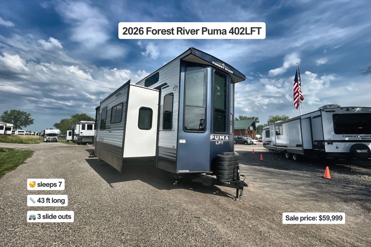 Your destination awaits 🏞️

Used 2023 Forest River Salem Villa Grand 42VIEW
New 2026 Forest River Timberwolf 20OG
New 2026 Keystone Springdale 380db
New 2026 Forest River Puma 402LFT