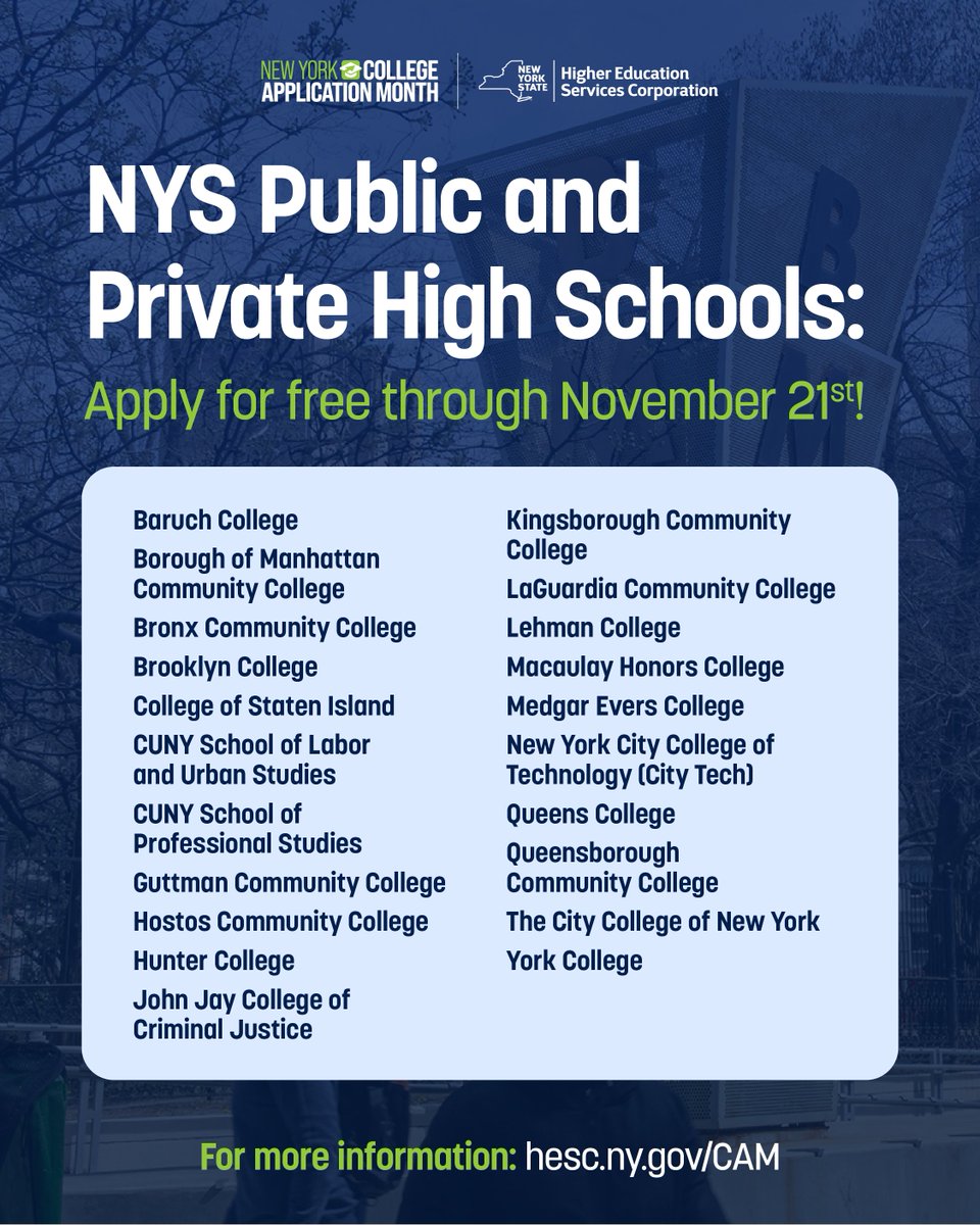 Students from NYS public and private schools, your time has come to apply to <a href="/CUNY/">The City University of New York</a> colleges for free.

Take advantage of this opportunity and save hundreds!

Apply now! hesc.ny.gov/CAM