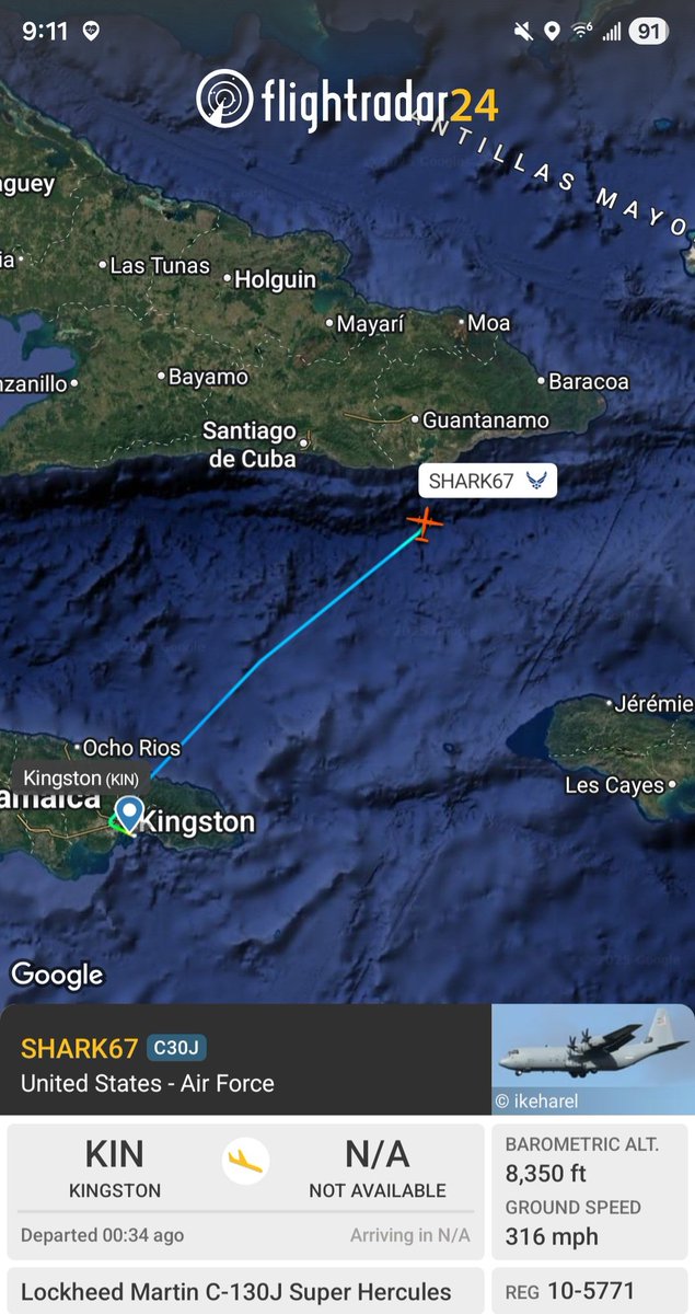 Borrowed7Time's tweet photo. USAF C-130J 10-5771 #AE54C8 as SHARK67 returning to Guantanamo from Kingston after having arrived from there earlier.
@sipjack1776 @LadyAstroJet @FlconEYES https://t.co/YwgttHbMl8