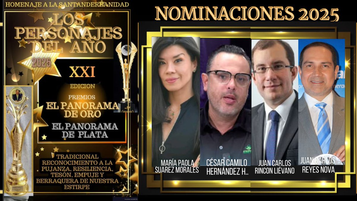 #LosPersonajesDelAño2025📰 Tradicional Reconocimiento a la santandereanidad. Premios: #ELPanoramaDePlata #ELPanoramaDeOro🏆📜
👤<a href="/MariaPaolaSuar8/">Maria Paola Suarez Morales</a> <a href="/PGN_COL/">Procuraduría General de la Nación</a> 
👤<a href="/CesarCamiloHern/">Cesar Camilo Hernandez H.</a> <a href="/Empassa_Oficial/">EMPAS S.A.</a>
👤<a href="/jcrinconl/">Juan Rincon</a> <a href="/CCBucaramanga/">Cámara de Comercio de Bucaramanga</a> 
👤#JuanCarlosReyesN <a href="/CARCDMB/">CDMB</a>