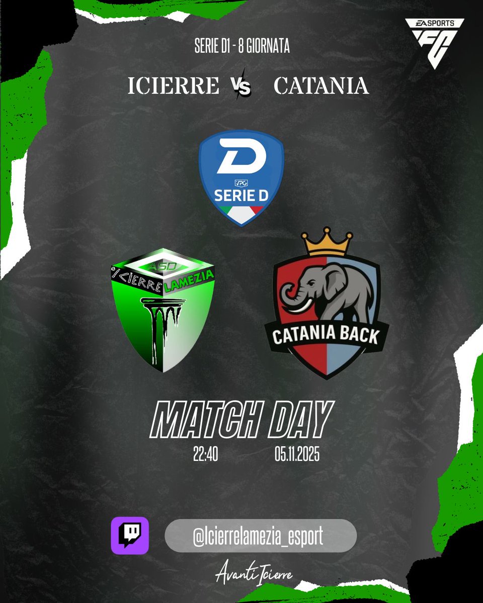 ⚡️| M̶A̶T̶C̶H̶ ̶D̶A̶Y
📅| 05.11.2025

🏆| <a href="/eLUDO_official/">eLUDO</a> Serie C Girone B
⚽️| 6a Giornata
⏲️| 22:20
🆚| <a href="/eSpVig_Senigal/">eSports Vigor Senigallia</a> 

🏆| <a href="/VPGItaly/">Virtual Pro Gaming Italy 🇮🇹</a> 
⚽️| 8a Giornata
⏲️| 22:40
🆚| <a href="/CataniaBack/">CATANIA BACK</a> 

📽️| Diretta sul nostro canale Twitch!

#AvantiIcierre 💚🖤