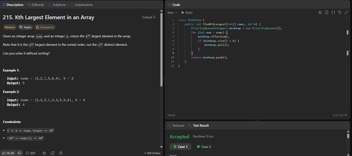 rituu_09's tweet image. Day 309 of 2025:                              
👩‍💻 Code to Crack Companies!     
🧩 Q17: Find Kth Largest Element in an Array
🧩 Q18: Binary Tree Level Order Traversal    
 #CodingJourney  #PlacementPrep #2025Goals #leetcode #letsconnect