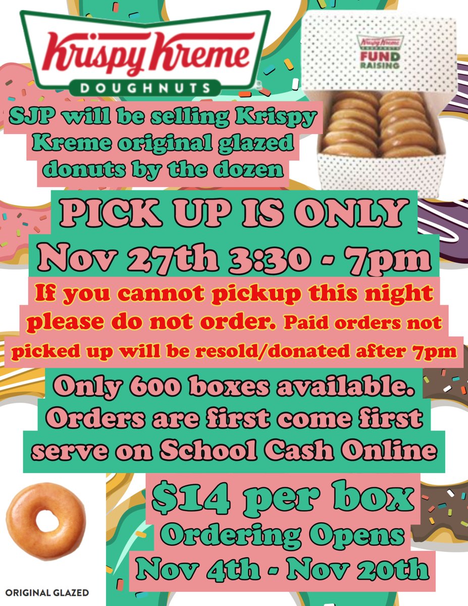 Krispy Kreme Fundraiser is now live! Pick up will be during our Annual Christmas Market! Buy through School Cash Online and guarantee your boxes at a lower rate. We will be selling during the Market as well but boxes will be limited and at a higher cost.