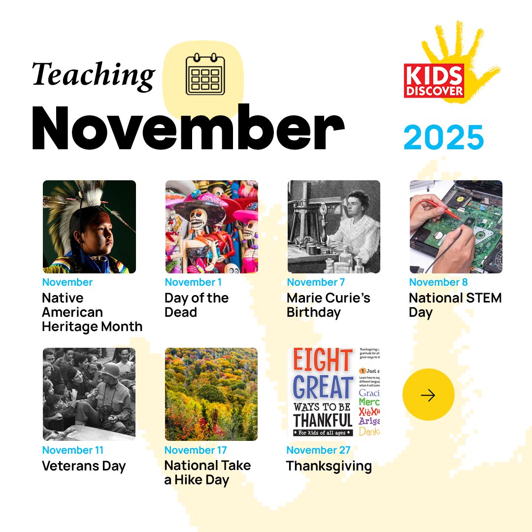 KIDS_DISCOVER's tweet image. #November comes with chances to connect classroom learning to moments that have shaped our world! From scientific breakthroughs to cultural celebrations, we have resources to make #LessonPlanning easy and engaging. 

Check them out here 👉 kidsdiscover.com/teacherresourc…