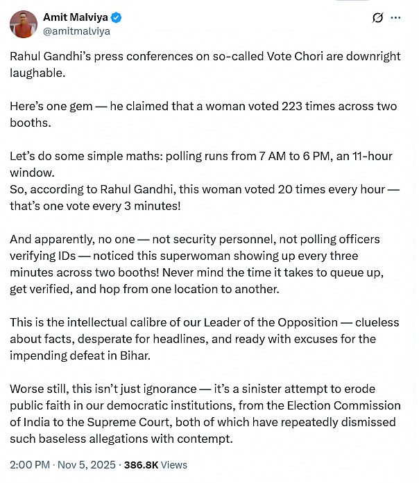 A BOOTH ISN’T A GYM -IT’S A CRIME SCENE!  
Malviya's cowardly jab Dodges the Truth.

Rahul Flagged: 
- 233 Duplicate Faces 
- Cloned IDs 
- Foreign Photos 
- Millions of Ghost Entries 
- Wiped CCTV 

Cardio? Run the Audit Logs.
Fraud lives in Ballot Gaps &amp; EC's Database Stuffing.