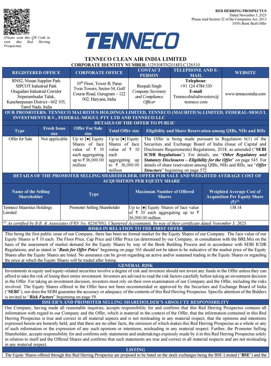 ipo_wala's tweet image. Tenneco Clean Air Ltd New Mainboard IPO ✅

Date: Nov 12 to Nov 14
Issue: ₹3,600 Cr
(Full OFS)
Retail Portion: 35%
FV: ₹10

Tenneco manufactures and supplies critical Clean Air, Power Train and Suspension Solutions for Indian oems and export markets

#IPOAlert #IPOGMP #IPO