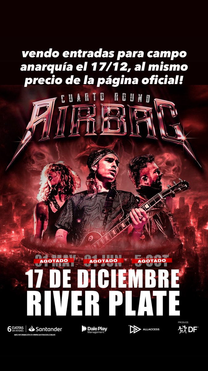 hauntedfault's tweet photo. VENDO ENTRADAS PARA AIRBAG EN CAMPO ANARQUÍA EL 17/12 al mismo precio. Las vendo porque no puedo asistir, por favor compartan y cualquier duda consulten!! https://t.co/K9fr6F1mTV