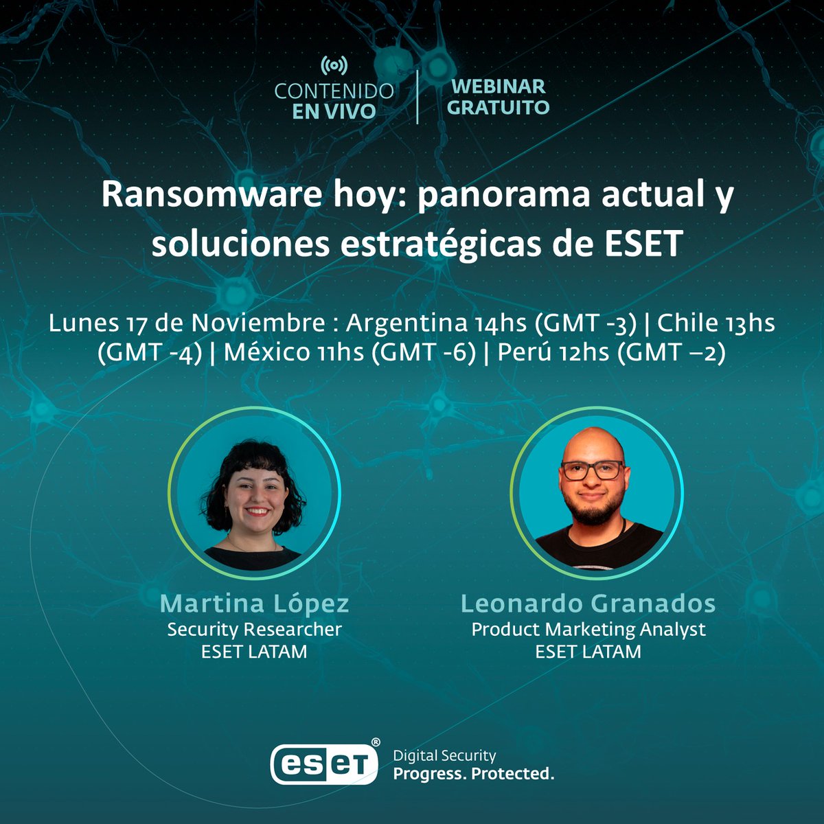 🛡️ Nuevo webinar: Ransomware hoy — panorama actual y soluciones estratégicas de ESET

📅 Lunes 17 de noviembre
🇦🇷 14h | 🇨🇱 13h | 🇲🇽 11h | 🇵🇪 12h

👉 Regístrate aquí: eset.com/latam/webis/?u…