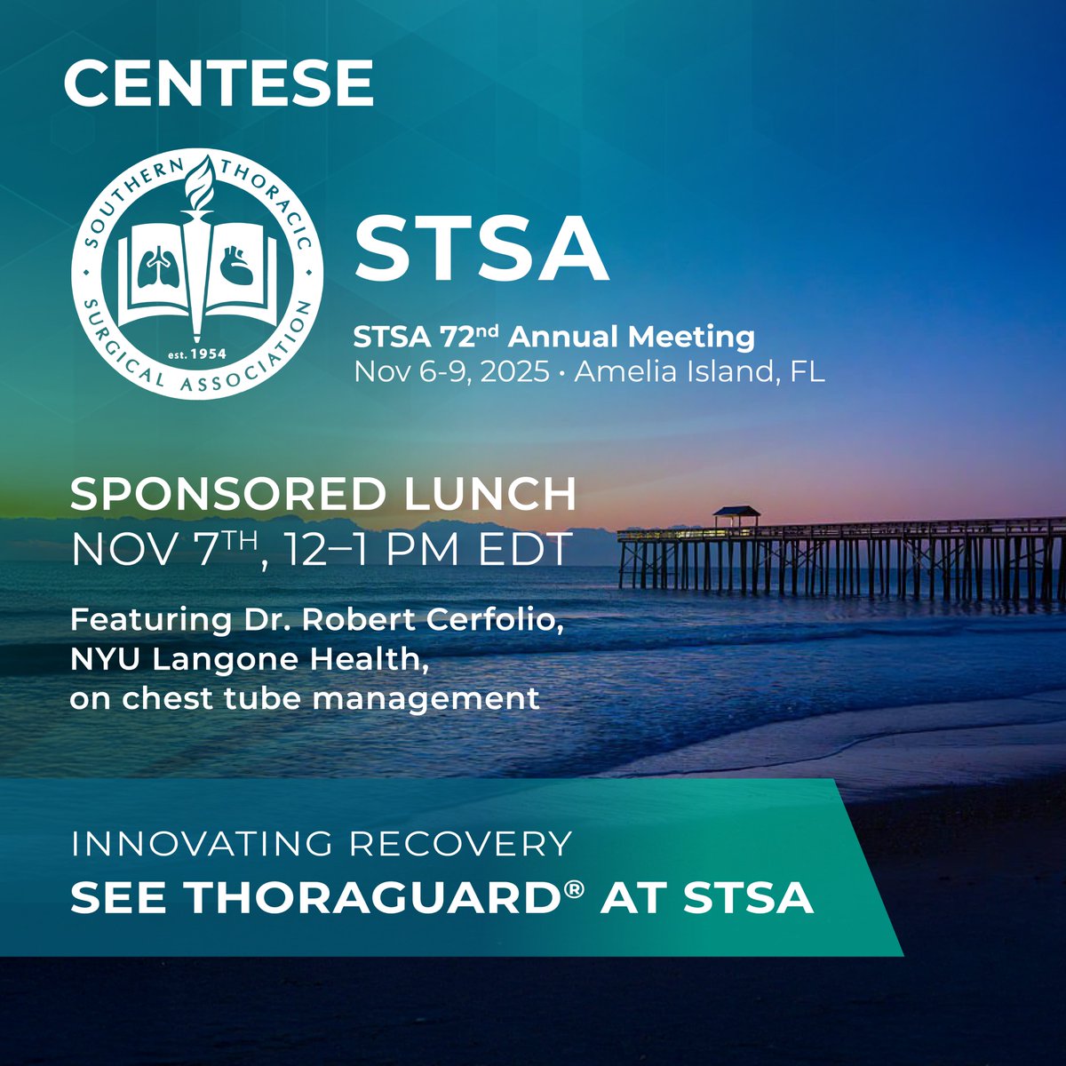 Centese is proud to join the Southern Thoracic Surgical Association 72nd Annual Meeting, November 6–9 in Fernandina Beach, FL.

We hope to see you at the sponsored lunch conference featuring Dr. Robert Cerfolio on November 7th from 12-1pm EDT!

<a href="/OfficialSTSA/">Southern Thoracic Surgical Association (STSA)</a>