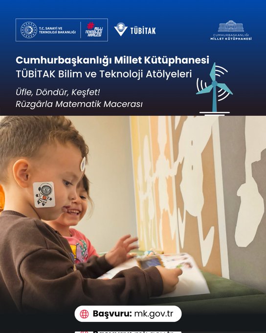 First image shows children in a library room holding colorful paper pinwheels with wind turbine designs on walls and educational logos like TÜBİTAK and cb_kutuphane visible. Second image depicts an instructor presenting wind energy concepts on a screen to seated children in a classroom setting with green field projection. Third image features young children with face stickers examining books or materials related to wind power in a cozy room. Fourth image captures children crafting paper pinwheels using scissors and colored paper near a projected wind energy diagram on a screen.