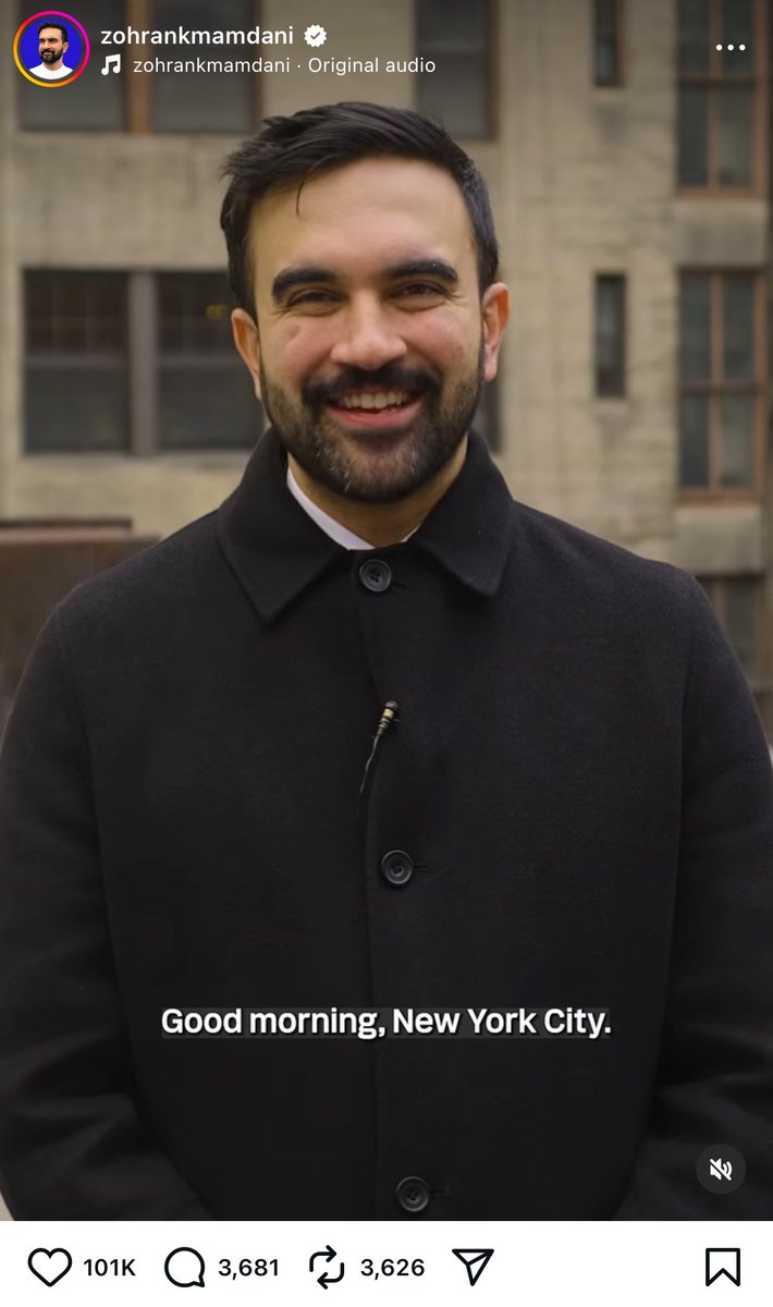 Just 11 minutes ago, Zohran Mamdani posted a video thanking voters and announcing the transition process.

It already has 100,000+ likes and 600,000 views.