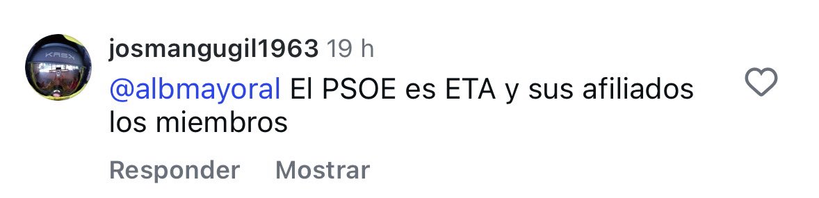 Cada día se normaliza un poco más el insulto, el odio y la falta de respeto.
Te llaman ETA, vago o hijo de puta, solo por pensar distinto, por ser socialista. 

Y uno se pregunta… ¿De verdad esta es la España que queremos?