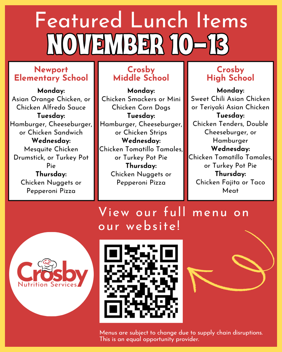‘Lettuce’ ‘turnip’ the excitement for a ‘berry’ good week in <a href="/CrosbyISD/">Crosby ISD</a> cafeterias!

Please see our complete menu on our website: schoolcafe.com/crosbyisd

*Menus are subject to change due to food availability.

Thank you for your patience and understanding!

<a href="/Crosby_Kinder/">Crosby Kindergarten Center</a>