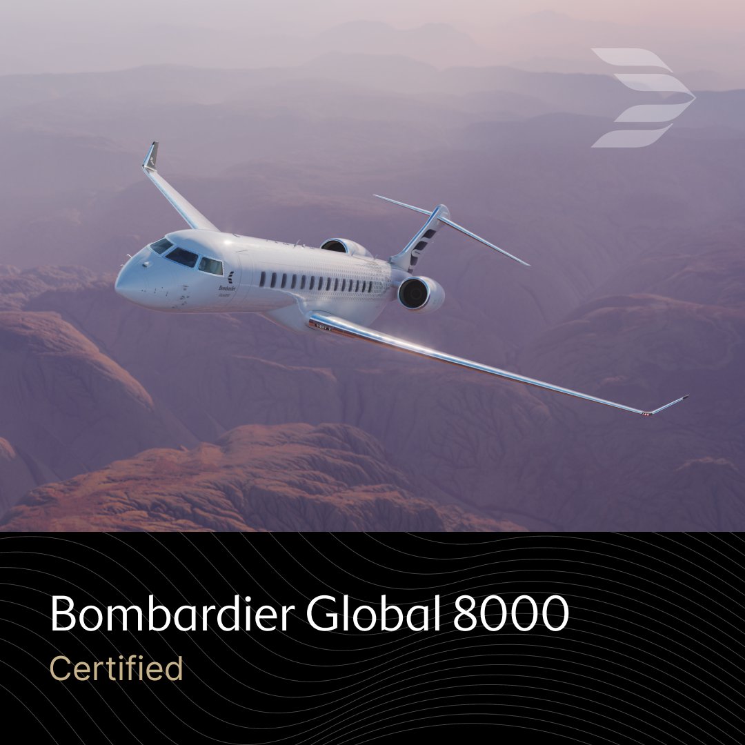 Bombardier's tweet image. Our Bombardier #Global8000, the world’s fastest business jet, was awarded @transport_gc certification, paving the way for entry-into-service by end of year. Learn more 🔗 bit.ly/3Jjsbd9 #CatchTheMach