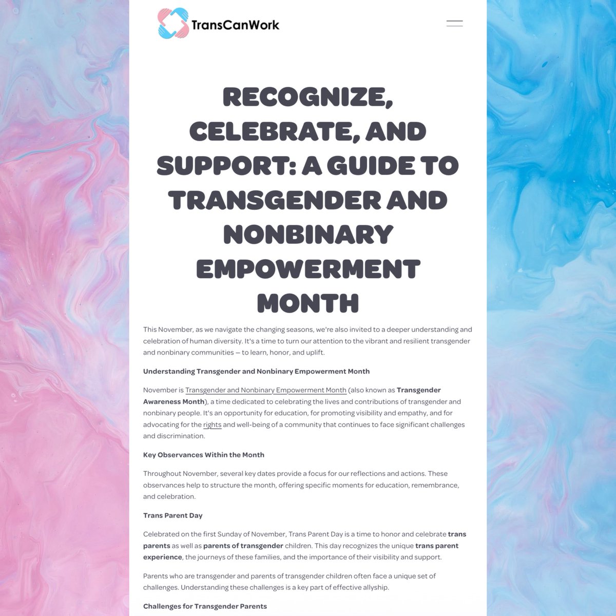 TransCanWork's tweet image. READ ALL ABOUT IT: November is Transgender Awareness Month; a time to celebrate, uplift, and honor transgender and nonbinary communities. Check out #TransCanWork’s latest article on how to feel empowered this month. TransCanWork.org/news 🏳️‍⚧️