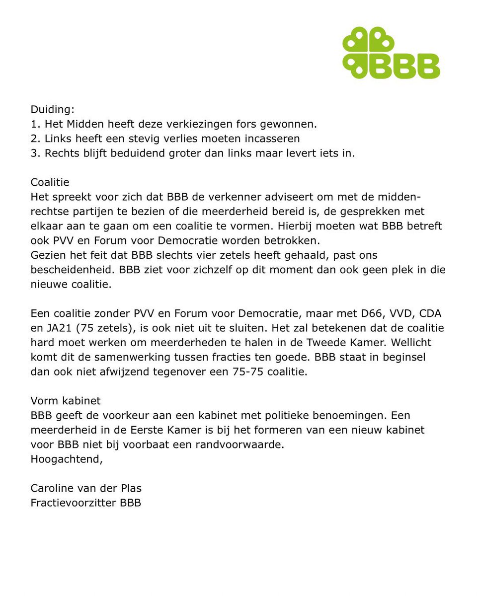 Gesprek gehad met de verkenner Wouter Koolmees en hem gemeld dat wij, gezien ons zetelverlies, op dit moment geen plek voor BBB zien in een nieuw coalitie. 

Hieronder de volledige brief aan de verkenner 👇

#formatie