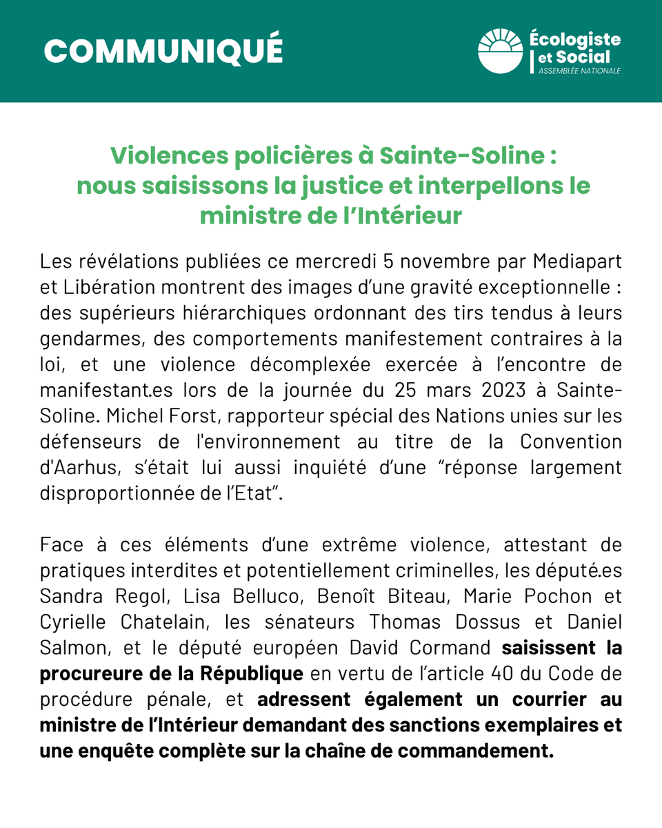 🚨 Les révélations de Mediapart et Libération sur la manifestation de #SainteSoline, en mars 2023, sont d’une gravité extrême: ordres illégaux, violence contre les manifestants...

Nous saisissons la justice et interpellons le ministre de l’Intérieur pour demander des sanctions.