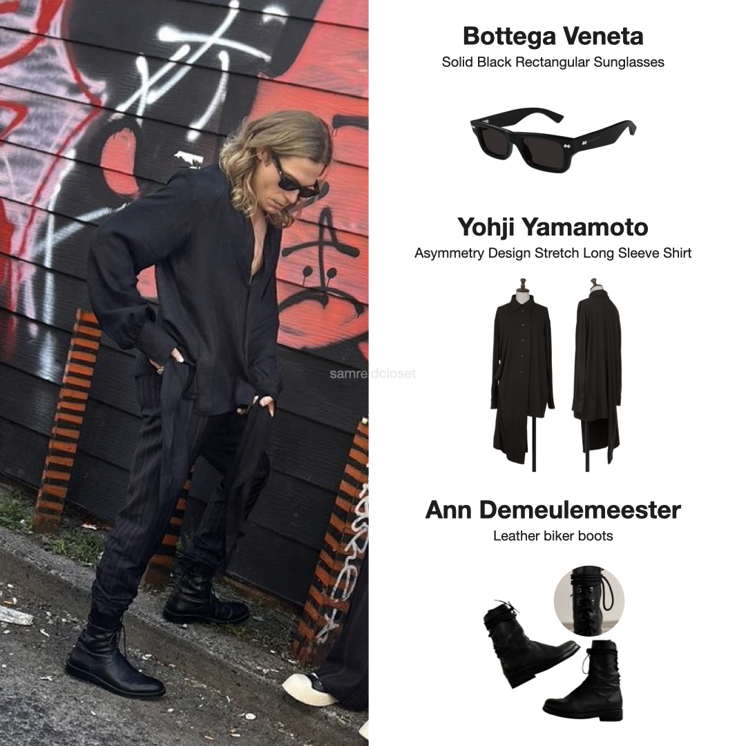 samreidcloset's tweet image. Sam Reid spotted last month in Toronto on the set of #TheVampireLestat season while on a break from filming.

He&apos;s wearing: Bottega sunglasses, Yohji Yamamoto blouse and Ann Demeulemeester boots.