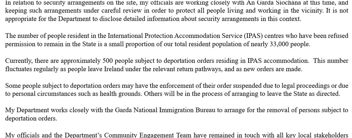 Reply to a PQ from Saggart residents submitted by <a href="/MichaelC_IND_TD/">Michael Collins TD</a> .
There are approximately 500 people subject to deportation orders living in IPA centres at our expense...
If we're going to have to wait for the bells and whistles  of a monthly chartered flight carrying 50