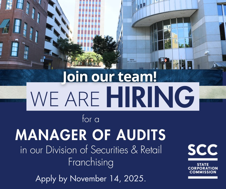 Virginia State Corporation Commission has a #jobopening for a Manager of Audits with our Division of Securities &amp; Retail Franchising. Apply by Nov. 14, 2025. Visit the SCC Career Center to learn more about the position &amp; apply: bit.ly/2pGWWia #careers #jobs #hiringnow