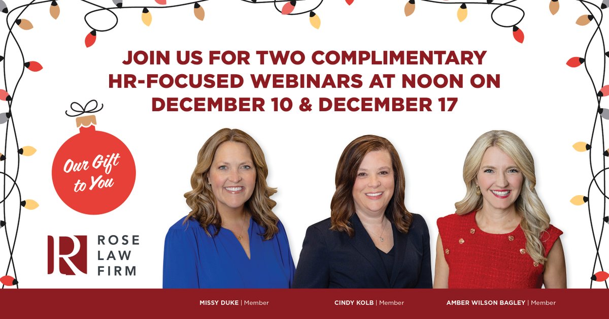 Join us for two complimentary, one-hour HR-focused webinars hosted by three of our exceptional labor and employment attorneys, Amber Wilson Bagley, Missy Duke, and Cindy Kolb. HRCI® has pre-approved these activities for one  credit hour bit.ly/3Lxddkh