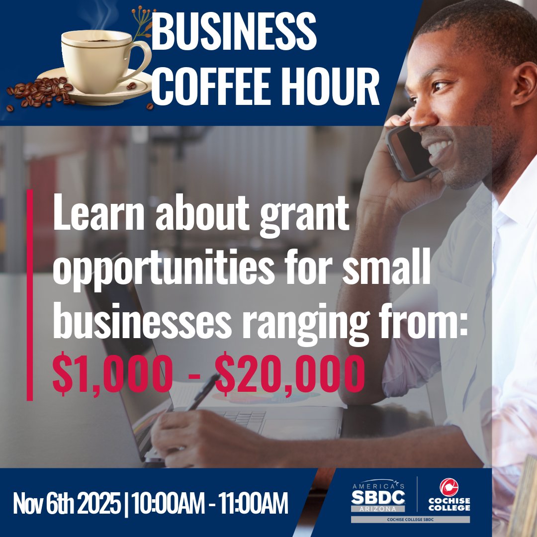 SBDCSV's tweet image. ☕️ Grab funding faster!
Join us for Coffee &amp;amp; Connect this Thursday, 10–11 AM at Cochise College Downtown Center (Room H102).

🎁 Attendees get exclusive access to our Grant Cheat Sheet; which includes deadlines, links, and eligibility info to help your business grow.

#AZSBDC
