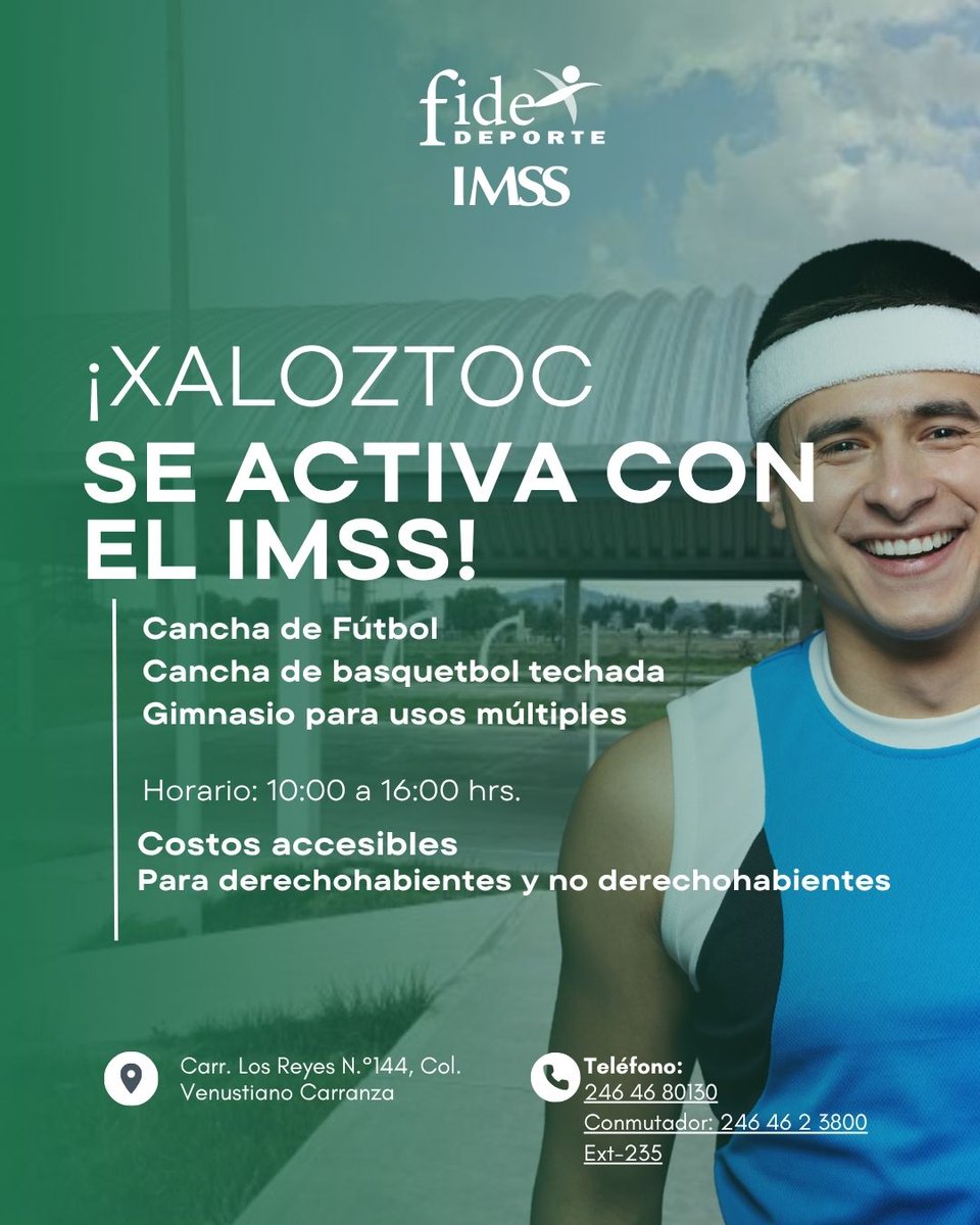 Fideimssoficial's tweet photo. 💚 ¡Xaloztoc se activa con el IMSS TLAXCALA!
Ven a disfrutar del deporte, la salud y la energía en las instalaciones deportivas del IMSS en Xaloztoc, Tlaxcala. ⚽🏀💪
Abiertas para derechohabientes y no derechohabientes.
#FIDEIMSS #IMSS #DeporteIMSS #Tlaxcala #Xaloztoc https://t.co/JZt8e0c5Ht