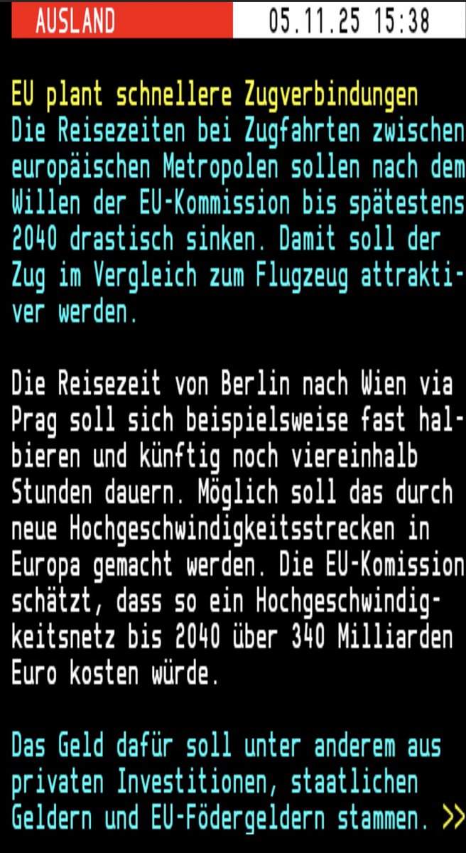 EU plant mal wieder.
Ein Hochgeschwindigkeitsnetz für Bahn soll bis 2040 für 340 Mrd. gebaut werden.
In der Zwischenzeit schafft es EU nicht einmal, die Anschlüsse für NEAT gemäss Transitvertrag mit🇨🇭bereitzustellen. 
2015-2020 hätte dies erledigt sein müssen. Nun frühestens 2035