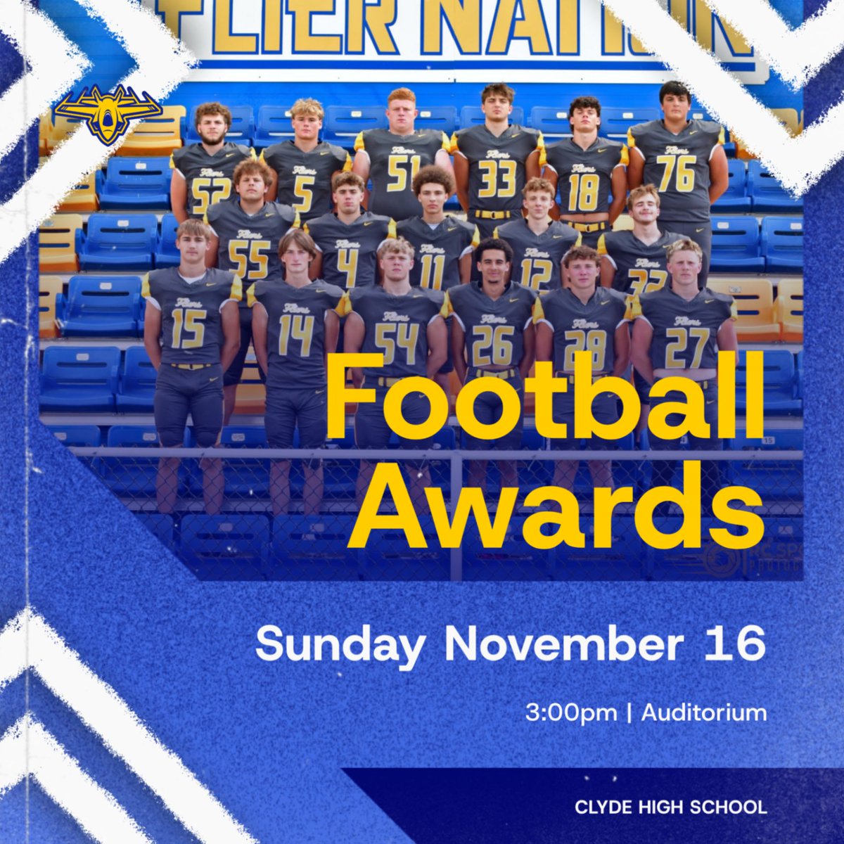 FlierFootball's tweet image. Football awards for this year's 9-12 graders will be Sunday November 16, 2025 at 3:00pm in the Auditorium.