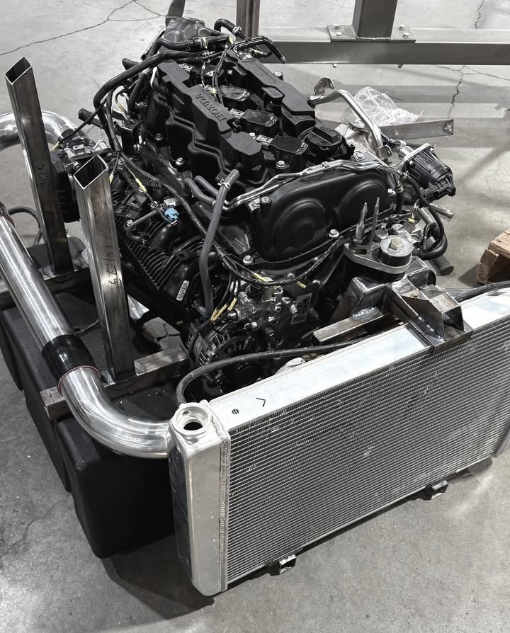 Here you can see the Samson Switchblade hybrid test cell with the main engine installed. The control panel mounts are ready to receive the engine computer, circuit box, and other electric components required for testing this high voltage hybrid design.