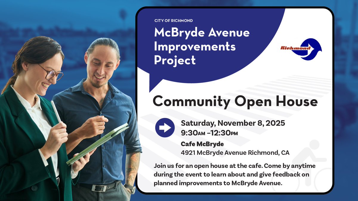 KCRTTelevision's tweet image. Community Open House:  Planned Redesign of McBryde Avenue

· Date: Saturday, November 8, 2025
· Time: 9:30 AM – 12:30 PM
· Cafe McBryde, 4921 McBryde Avenue, Richmond CA

(KCRT's Datanet on-air billboard design)

#CommunityOpenHouse #RichmondCA #RichmondCalifornia #McBrydeAvenue