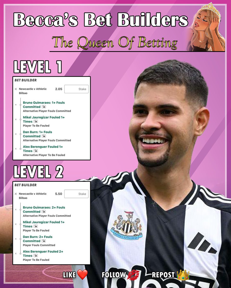 BigTipsBecca's tweet photo. TURN £1 INTO £1000 WITH MY EPIC NEWCASTLE VS BILBAO BET BUILDER LADDER!😍😍😍

Level 1: 2.05
Level 2: 5.50
Level 3:  15.00
Becca’s Big Tip: 1001.00

If My Big Tip Lands I Will Give £500 To 2 People Who:
Likes❤️
Reposts🔀
Joins My FREE Group👸🏼

👇👇👇 https://t.co/bdecRoCHed