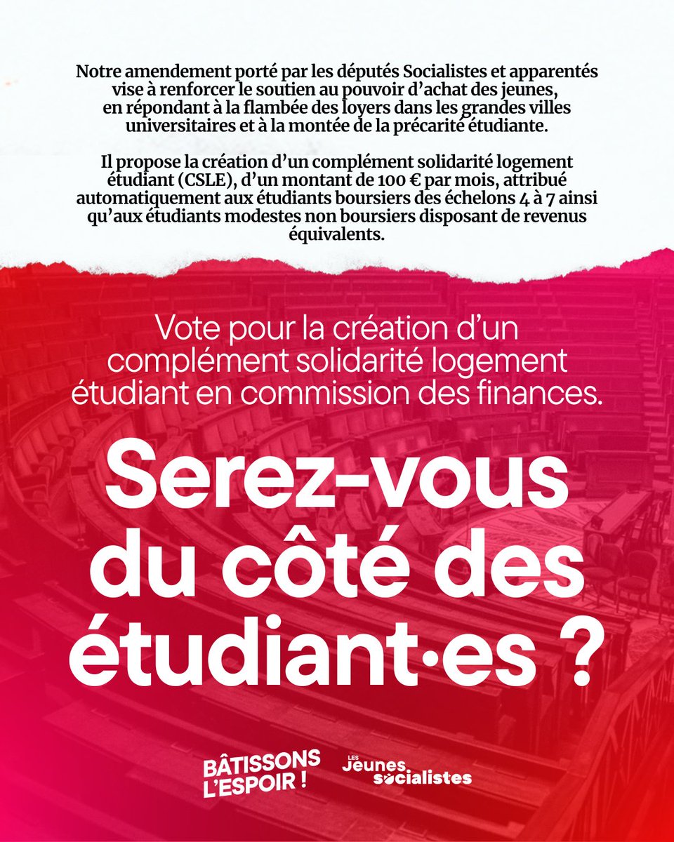 🔥🌹 Demain, la commission des finances étudie nos amendements au #PLF2026 :  
👉+APL, 
👉maintien pour étudiant·es internationaux·ales, 
👉complément solidarité logement étudiant. 
<a href="/plecamp/">Pascal Lecamp</a> <a href="/TurquoisNicolas/">Nicolas Turquois</a>, voterez-vous POUR ? 

🌹#BâtissonsLEspoir <a href="/lesJeunesSoc/">Les Jeunes Socialistes</a> <a href="/socialistesAN/">Députés Socialistes et apparentés</a>