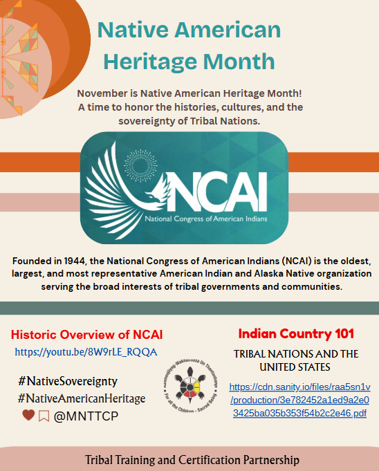 Indian Country 101 &amp; NCAI Historic Overview 
#mnttcp
#NativeAmericanHeritage
#TribalChildWelfare
#ChildWelfare
#TribalTraining
#TribalCertification
#TrainingForChange
#BuildingPartnerships
#CulturalWisdom
#TogetherWeRise