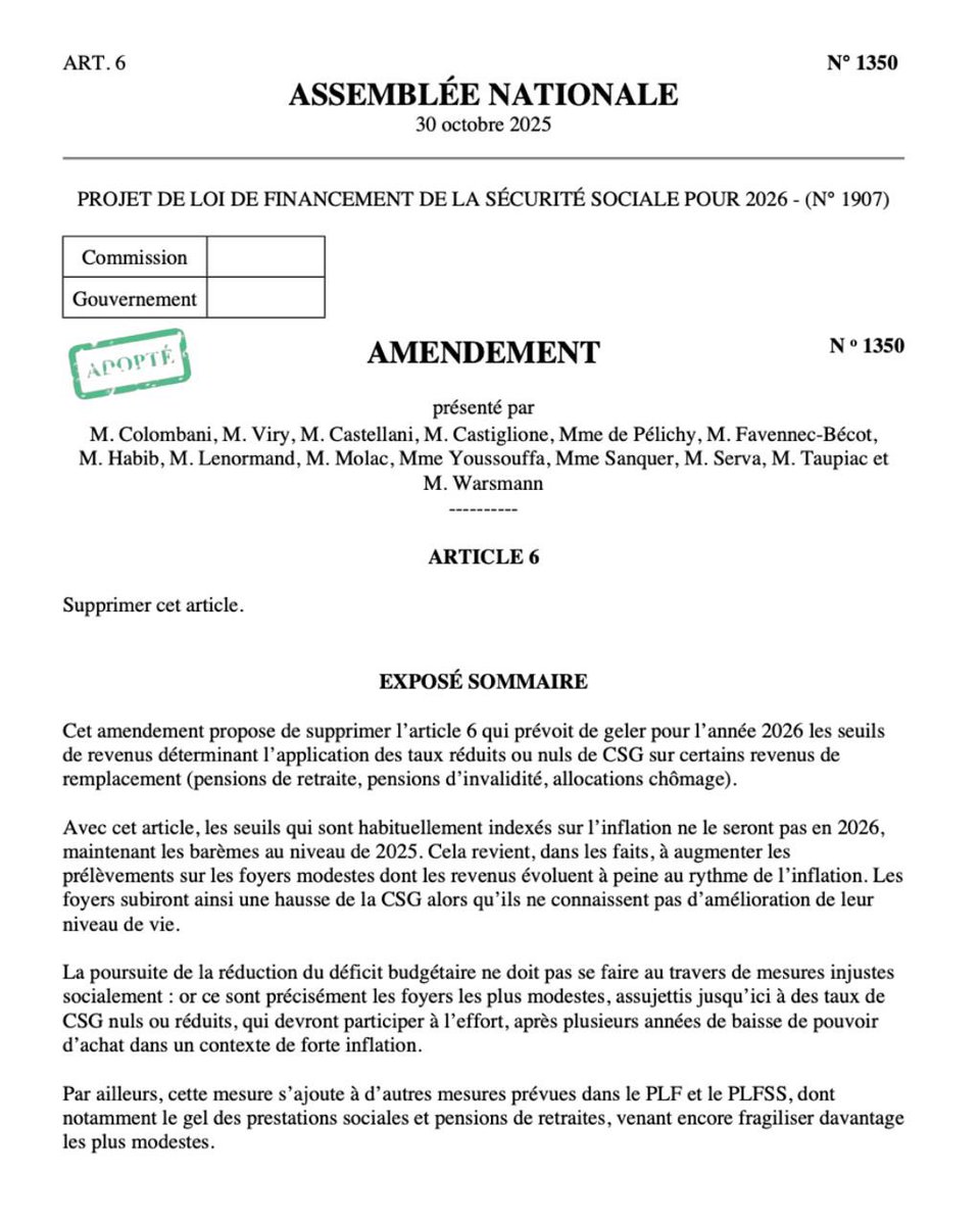 Amendement #LIOT adopté ! ✅ | #PLFSS2026

 Cet amendement est une victoire pour la justice sociale.

↪️Il empêche le gel des seuils de CSG prévu pour 2026, qui aurait entraîné une hausse de la contribution pour les retraités, invalides et demandeurs d’emploi modestes.

⚠️ Nous