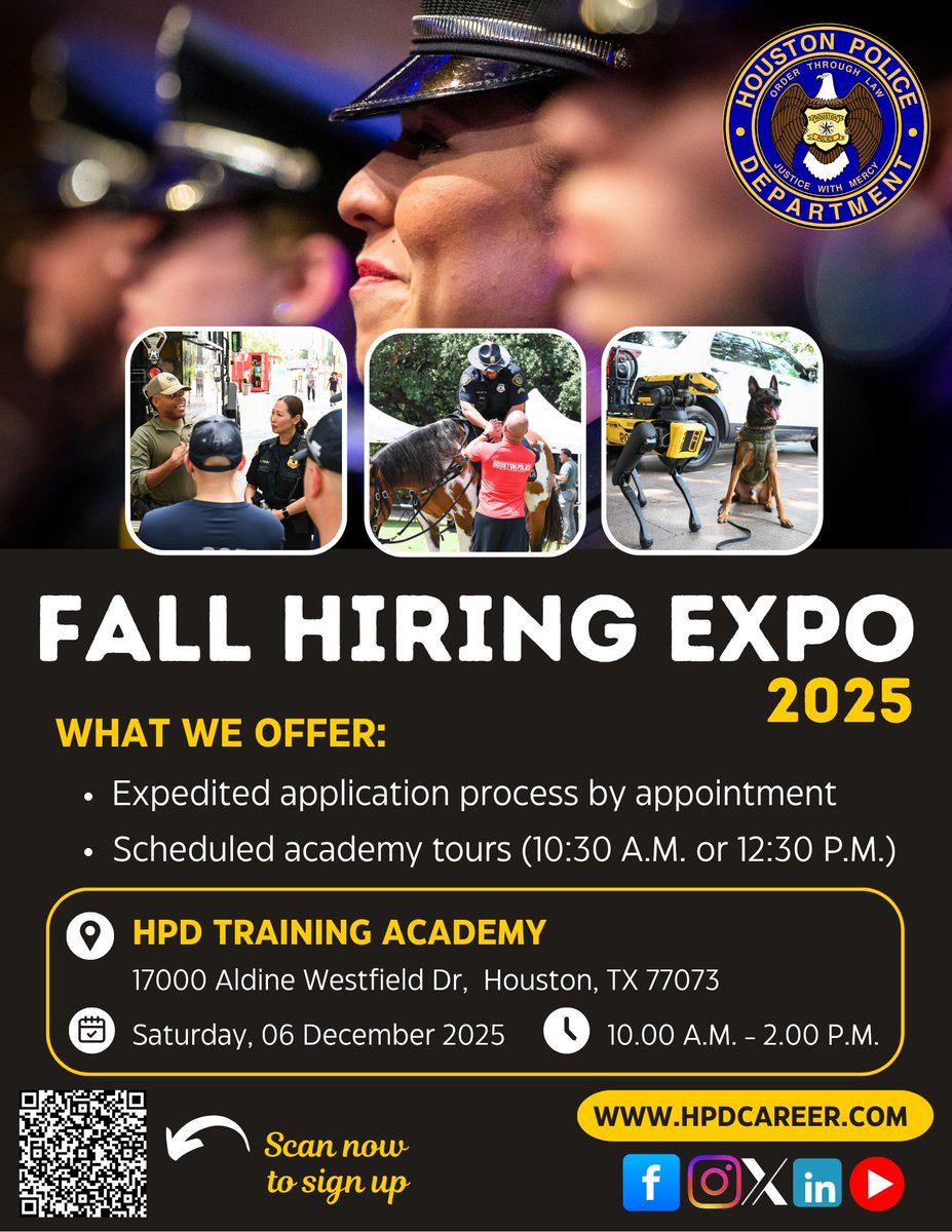 hpdcareer's tweet photo. Sign up to join the HPD Fall Hiring Expo & take the next step towards an exciting and rewarding career with the @HoustonPolice Department!
📅 Saturday, 06 December 2025
⏰ 10:00 A.M. to 2:00 P.M.
📍 HPD Training Academy
https://t.co/9g9TicKUvV
#JoinHPD #HoustonPolice https://t.co/nm0aUTv8bR
