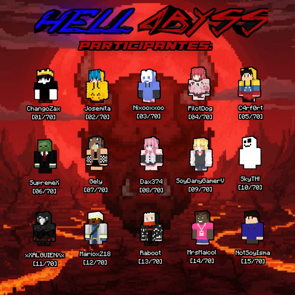 Presentamos a nuestros primeros 15 participantes 

@BsbsbshsHahsbd
<a href="/Josemacrack_148/">Josemita6776_Oficial</a> 
<a href="/Nixooxxoo124/">nixooxxoo</a> 
PilotDog
<a href="/c4rf0rt_/">C4RF0RT discord</a> 
<a href="/SupremeX4898/">SupremeX</a> 
<a href="/541GelyM/">Gely❤️</a> 
<a href="/Pandax374/">dax</a> 
<a href="/Danny45348/">CYK</a> 
<a href="/iSkyth/">iSkyth</a> 
<a href="/3ALGUIEN8/">zapato</a> 
<a href="/MARIOXZ8888/">MarioXZ18</a> 
@RABOOTUCHIHA0
<a href="/MrsMaicol/">MrsMaicol</a> 
<a href="/IsmaAnimacion/">SoyIsma 🌙</a>