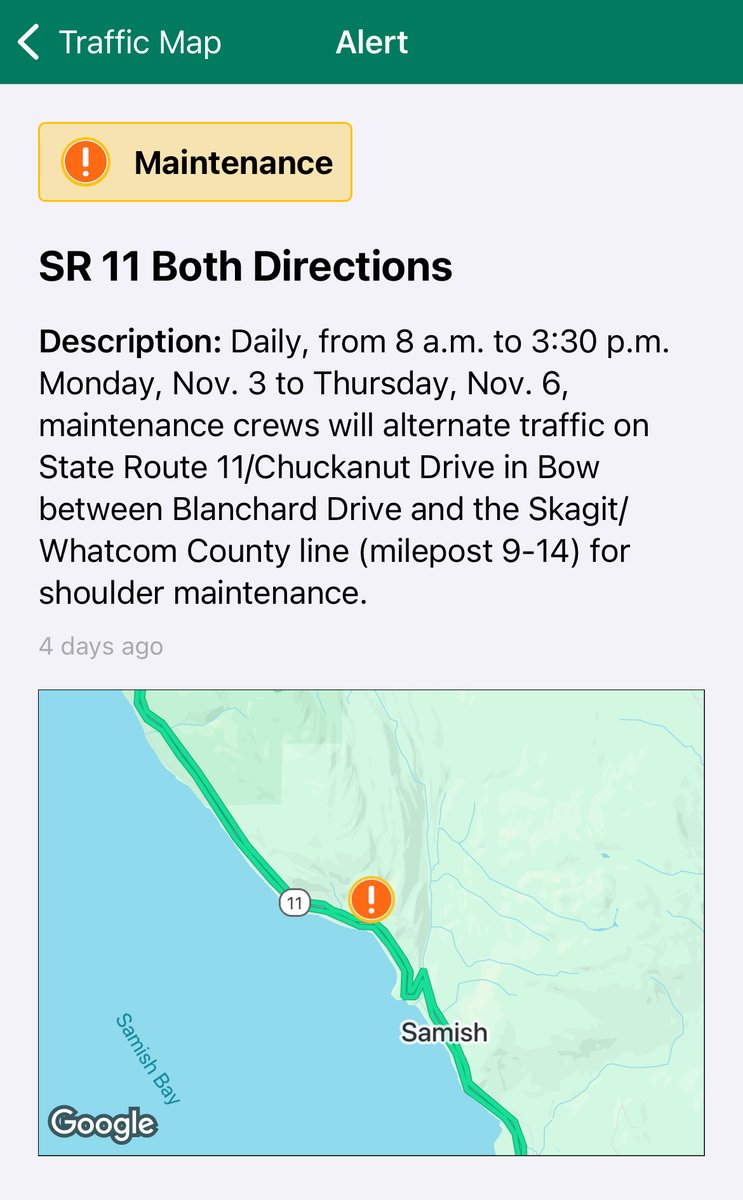 wsdot_north's tweet image. REMINDER 🚧

SR 11/Chuckanut Dr is alternating traffic between Blanchard Dr and the Skagit/Whatcom line for maintenance today.

Expect some delays in this area.